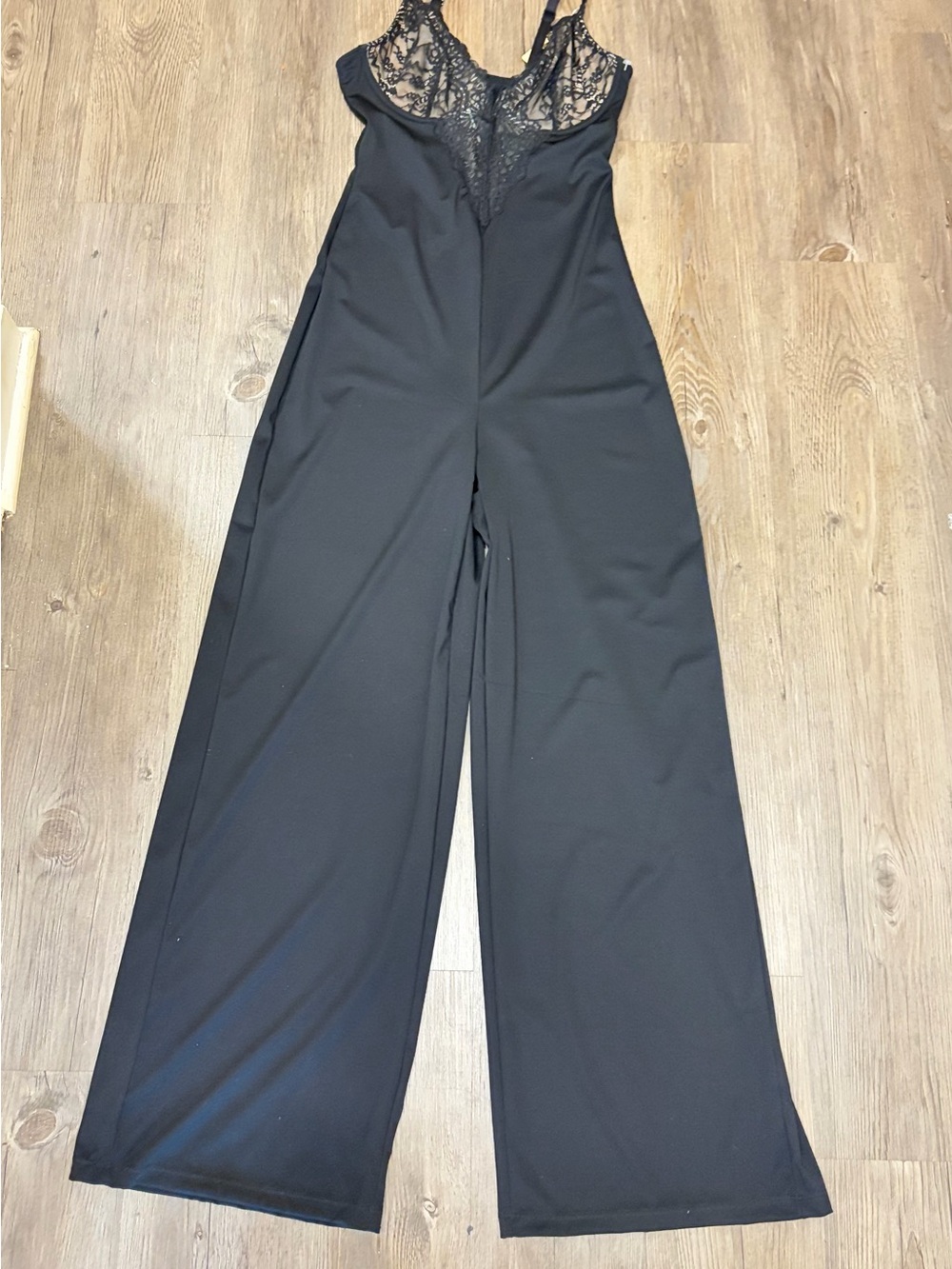 Women's Black Satin and Lace-Trim Wide-Leg Jumpsuit